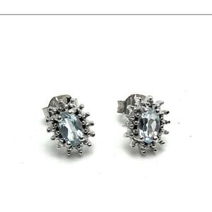 Oval Genuine Blue Topaz Diamond Stud Earrings 925 Sterling Silver
